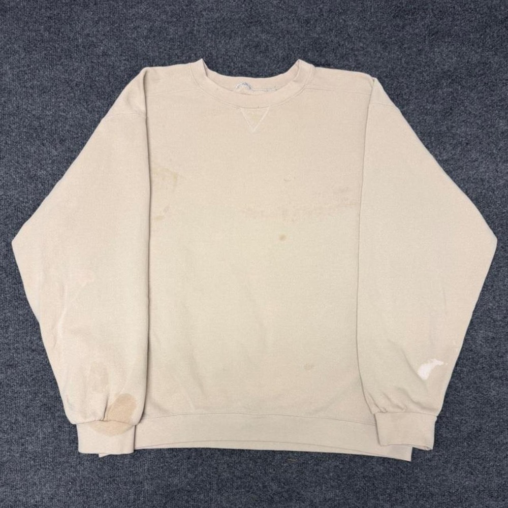 Vintage Y2K Tan Distressed Sweatshirt Mens XL Crewneck V-Stitch Tan Cream